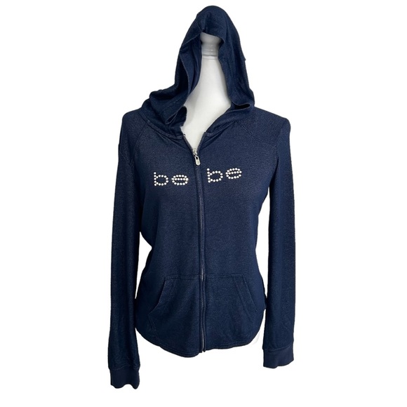 bebe Tops - BEBE Y2K Faux Denim Zip Hoodie w/Rhinestones Navy Blue Women’s Medium